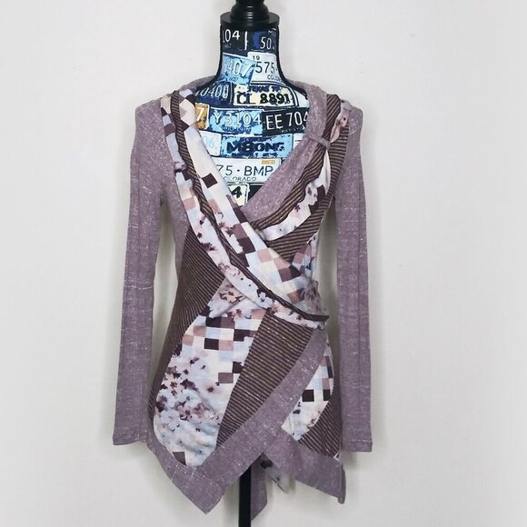 Anthropologie PILCRO Asymmetrical Faux Wrap Cardigan Ruffles Floral Striped XS - Picture 7 of 7